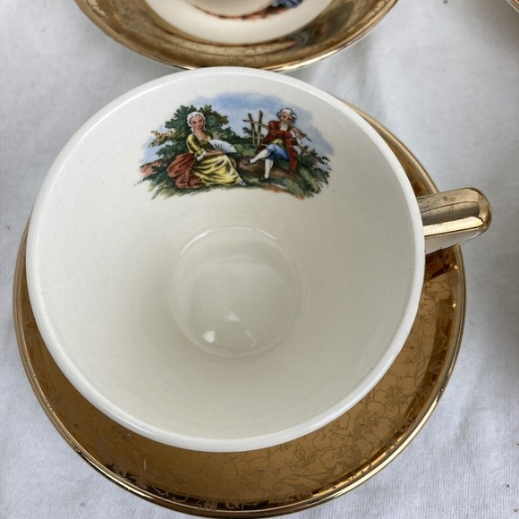 Lot 3 Vintage King Quality Fine Colonial Couple Gold 22k US 1960 Cups And Saucer - Picture 13 of 14